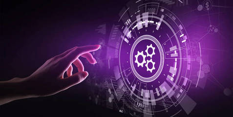 自动化技术与智能产业概念模糊的抽象背景。齿轮和图标